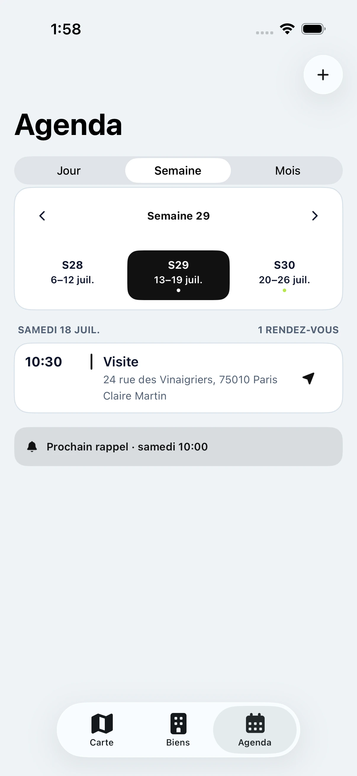 Agenda My Estate Map avec une visite reliée à un bien parisien