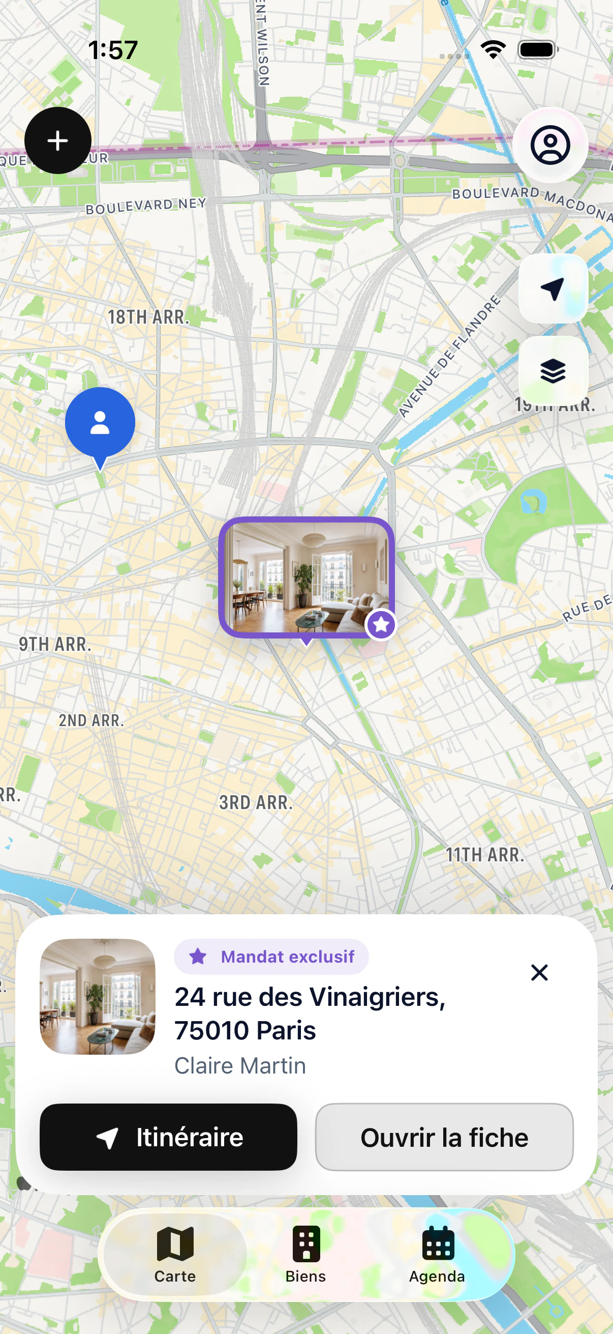 My Estate Map affichant un bien parisien sélectionné sur la carte dynamique