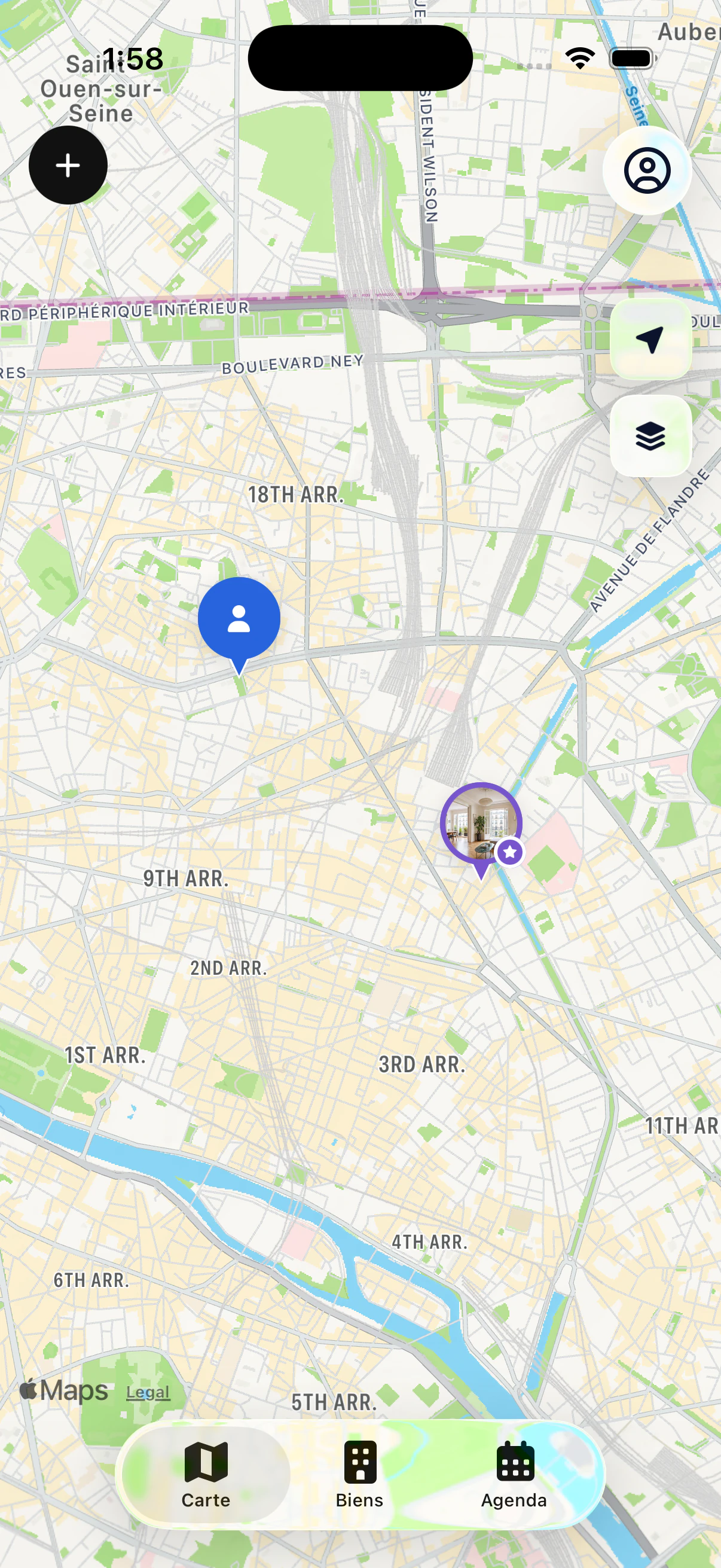My Estate Map affichant un portefeuille immobilier parisien sur une carte dynamique