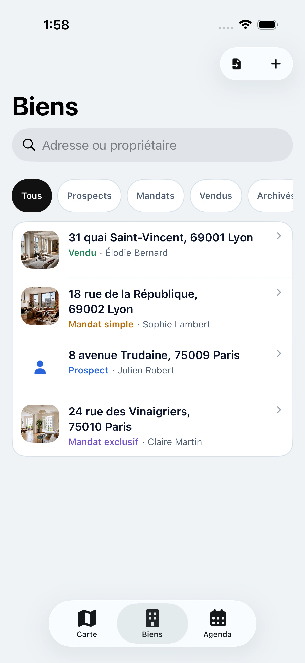 Liste réelle des biens My Estate Map avec adresses françaises, propriétaires et statuts