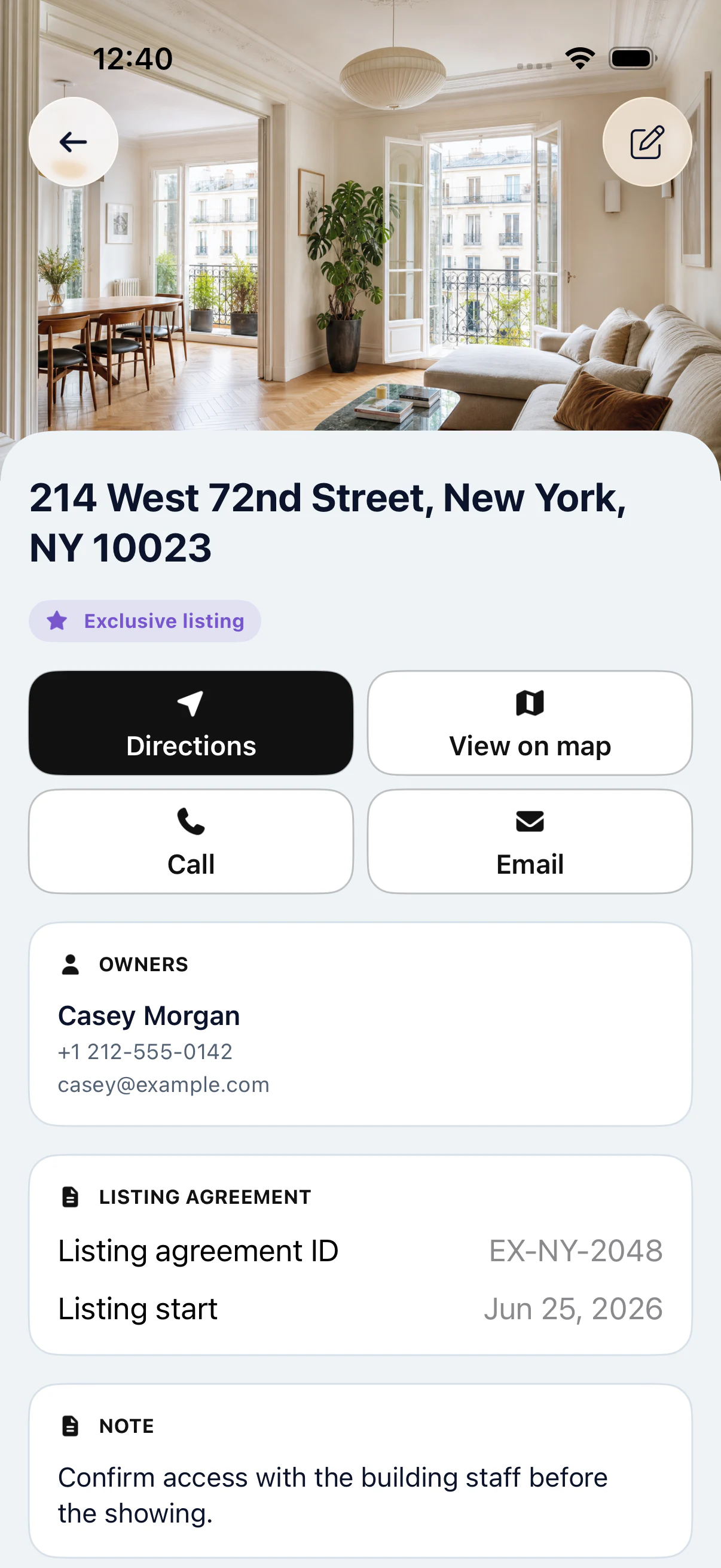 A field-ready property file in My Estate Map with notes, contacts, map access, and directions